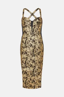 Flash Sale 🧨 Karen Millen Metallic Snake Print Contrast Pencil Midi 👗 Dress - gold 🎁 -Karen Millen Outlet store bkk05717 gold xl 3