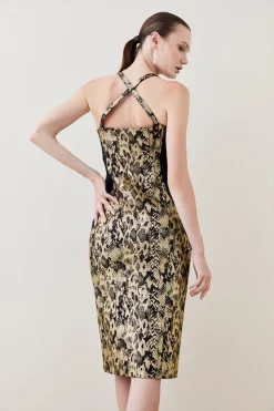 Flash Sale 🧨 Karen Millen Metallic Snake Print Contrast Pencil Midi 👗 Dress - gold 🎁 -Karen Millen Outlet store bkk05717 gold xl 4