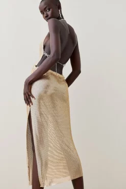 Outlet 🌟 Karen Millen Slinky Chainmail Diamante Draped Halter Maxi - gold 😍 -Karen Millen Outlet store bkk05755 gold xl 2