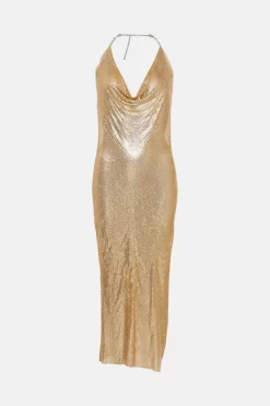 Outlet 🌟 Karen Millen Slinky Chainmail Diamante Draped Halter Maxi - gold 😍 -Karen Millen Outlet store bkk05755 gold xl 3