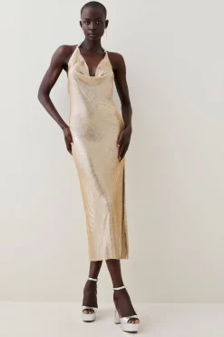 Outlet 🌟 Karen Millen Slinky Chainmail Diamante Draped Halter Maxi - gold 😍 -Karen Millen Outlet store bkk05755 gold xl 4