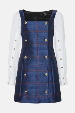 New 🧨 Karen Millen Check Cotton Sleeve Double Breasted Mini 👗 Dress 🌟 -Karen Millen Outlet store bkk05802 blue xl 3