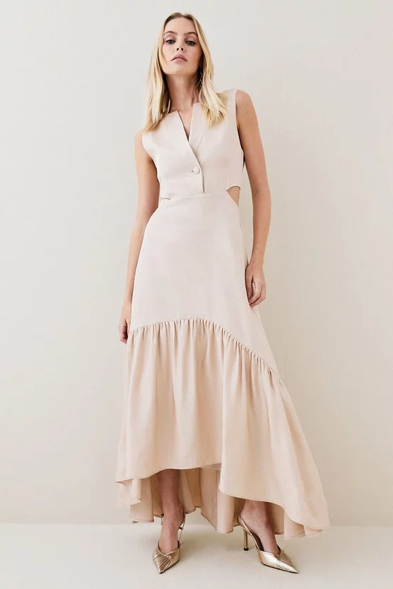 Cheapest ✔️ Karen Millen Premium Polished Linen Cut Out Peplum Maxi 👗 Dress 🥰 3 Cheapest ✔️ Karen Millen Premium Polished Linen Cut Out Peplum Maxi 👗 Dress 🥰