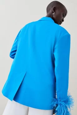 Deals 🌟 Karen Millen Satin Single Breasted Feather Cuff Blazer ⌛ -Karen Millen Outlet store bkk05810 blue xl 2