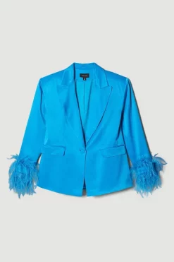 Deals 🌟 Karen Millen Satin Single Breasted Feather Cuff Blazer ⌛ -Karen Millen Outlet store bkk05810 blue xl 3
