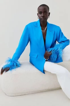 Deals 🌟 Karen Millen Satin Single Breasted Feather Cuff Blazer ⌛ -Karen Millen Outlet store bkk05810 blue xl 4