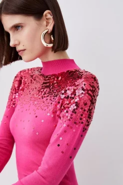 Hot Sale 💯 Karen Millen Sequin Knit Pencil 👗 Dress - fuchsia 🧨 -Karen Millen Outlet store bkk05898 fuchsia xl 2