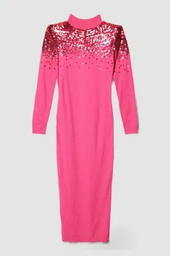 Hot Sale 💯 Karen Millen Sequin Knit Pencil 👗 Dress - fuchsia 🧨 -Karen Millen Outlet store bkk05898 fuchsia xl 3