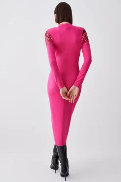 Hot Sale 💯 Karen Millen Sequin Knit Pencil 👗 Dress - fuchsia 🧨 -Karen Millen Outlet store bkk05898 fuchsia xl 4