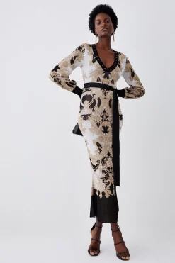 Wholesale 😍 Karen Millen Belted Slinky Sparkle Knit Jacquard 👗 Dress - natural ⭐