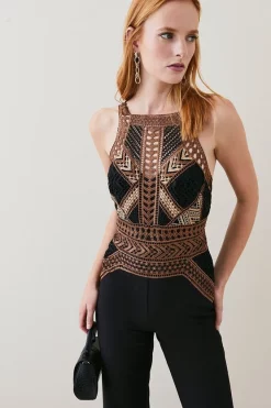 Hot Sale ๐ Karen Millen Guipure Metallic Lace Wide Leg Jumpsuit - black ๐ฅฐ