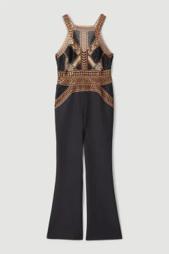 Hot Sale 🛒 Karen Millen Guipure Metallic Lace Wide Leg Jumpsuit - black 🥰 -Karen Millen Outlet store bkk06178 black xl 3