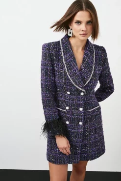 Budget 🛒 Karen Millen Boucle Sparkle Diamante And Feather Tux Mini 👗 Dress - purple 🧨