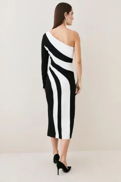 Hot Sale ✨ Karen Millen Colour Block Ponte One Shoulder Midi 👗 Dress - mono 💯 -Karen Millen Outlet store bkk06256 mono xl 4