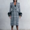 Hot Sale ❤️ Karen Millen Mono Italian 🐶 Dogtooth Feather Cuff Check Fitted 🧥 Coat 👍 -Karen Millen Outlet store bkk06291 mono xl