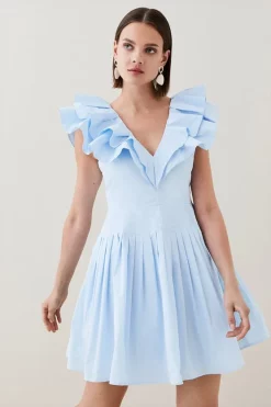 Flash Sale 🎉 Karen Millen Taffeta Frill Pintuck Mini 👗 Dress - pale blue 🎁