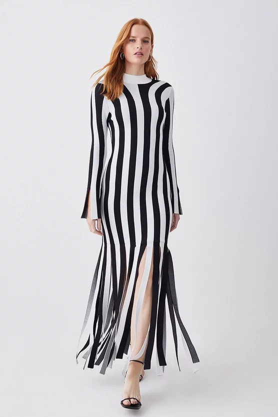 Best Pirce 🎉 Karen Millen Stripe Shredded Hem Jacquard Maxi Column 👗 Dress - mono ✔️ 3 Best Pirce 🎉 Karen Millen Stripe Shredded Hem Jacquard Maxi Column 👗 Dress - mono ✔️
