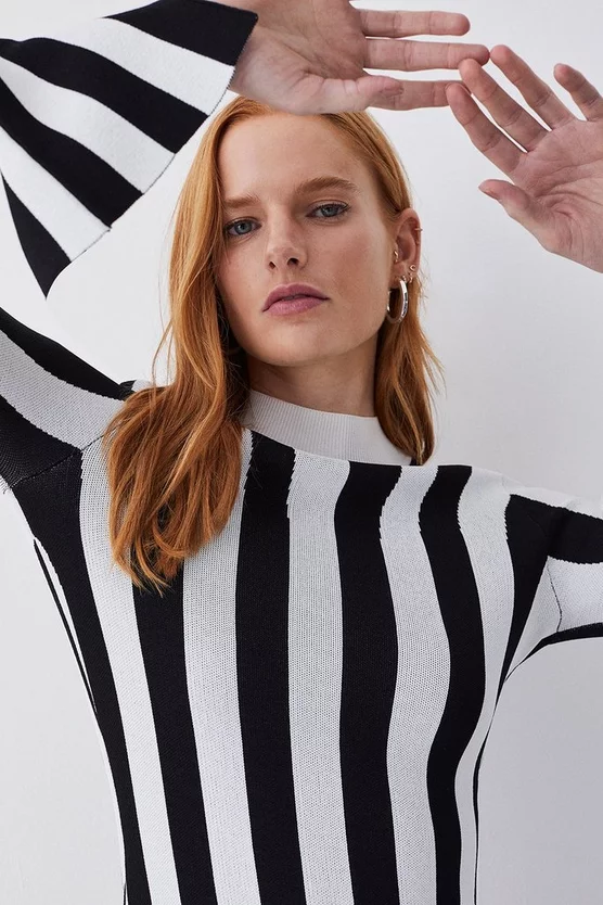 Best Pirce 🎉 Karen Millen Stripe Shredded Hem Jacquard Maxi Column 👗 Dress - mono ✔️ 4 Best Pirce 🎉 Karen Millen Stripe Shredded Hem Jacquard Maxi Column 👗 Dress - mono ✔️ - Image 2