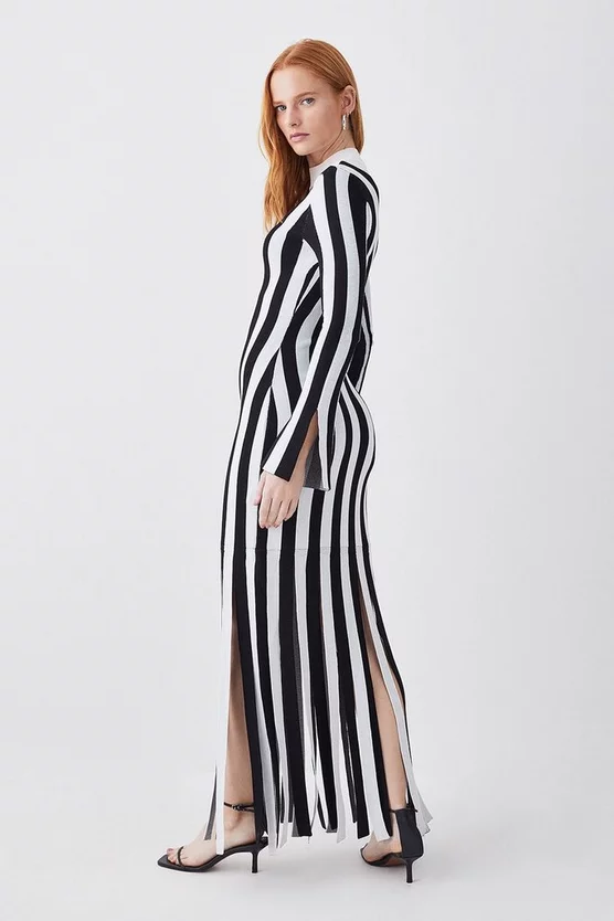 Best Pirce 🎉 Karen Millen Stripe Shredded Hem Jacquard Maxi Column 👗 Dress - mono ✔️ 5 Best Pirce 🎉 Karen Millen Stripe Shredded Hem Jacquard Maxi Column 👗 Dress - mono ✔️ - Image 3