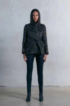 Budget 😍 Karen Millen Italian Wool Blend Animal Jacquard Investment Notch Neck Short 🧥 Coat 👏