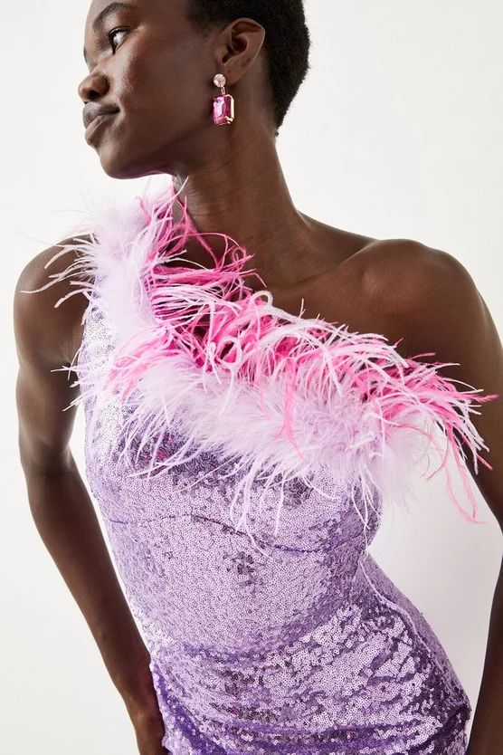 Best Pirce 🤩 Karen Millen Sequin And Feather One Shoulder Mini 👗 Dress - pink 🌟 4 Best Pirce 🤩 Karen Millen Sequin And Feather One Shoulder Mini 👗 Dress - pink 🌟 - Image 2