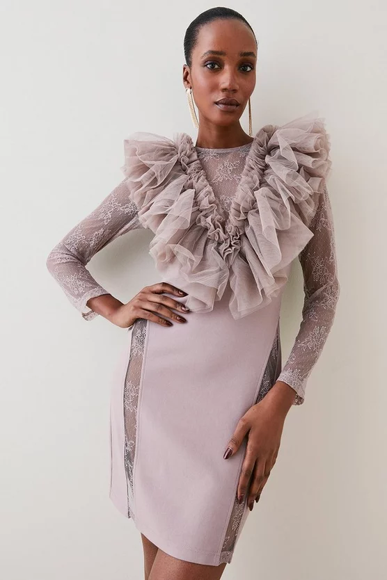 Brand new 💯 Karen Millen Tulle Lace Jersey Mini 👗 Dress - neutral 🤩 3 Brand new 💯 Karen Millen Tulle Lace Jersey Mini 👗 Dress - neutral 🤩