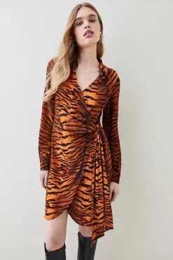 Flash Sale 🔥 Karen Millen Tiger Printed Woven Mini Wrap 👗 Dress - animal 🎉
