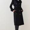 Cheapest 🎁 Karen Millen Italian Virgin Wool Strong Shoulder Trench 🧥 Coat - black 👏