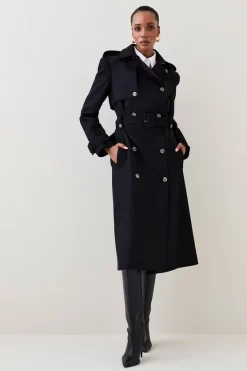 Cheapest ๐ Karen Millen Italian Virgin Wool Strong Shoulder Trench ๐งฅ Coat - black ๐