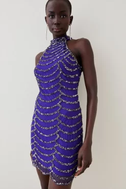 Budget 😀 Karen Millen Draped Beaded High Neck Mini 👗 Dress - electric blue ✨