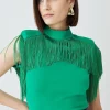 Discount 🎉 Karen Millen Fringe Trim High Neck Ponte Top 👍 -Karen Millen Outlet store bkk06581 green xl