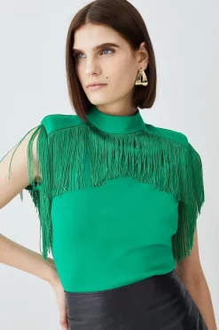 Discount 🎉 Karen Millen Fringe Trim High Neck Ponte Top 👍