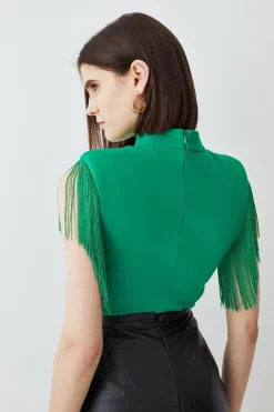 Discount 🎉 Karen Millen Fringe Trim High Neck Ponte Top 👍 -Karen Millen Outlet store bkk06581 green xl 2