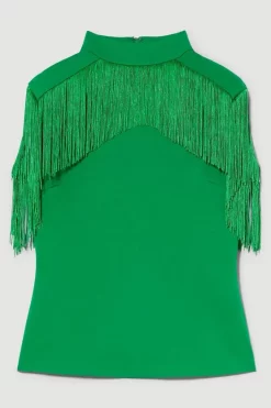 Discount 🎉 Karen Millen Fringe Trim High Neck Ponte Top 👍 -Karen Millen Outlet store bkk06581 green xl 3