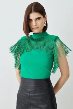 Discount 🎉 Karen Millen Fringe Trim High Neck Ponte Top 👍 -Karen Millen Outlet store bkk06581 green xl 4