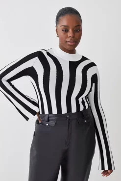 Outlet ❤️ Karen Millen Plus Size Striped Knitted Long Sleeve Top - mono 🧨