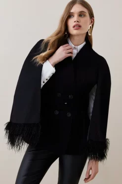 New 🔔 Karen Millen Italian Virgin Wool Feather Hem Cape 🧥 Coat - black 🎉
