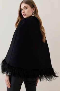 New 🔔 Karen Millen Italian Virgin Wool Feather Hem Cape 🧥 Coat - black 🎉 -Karen Millen Outlet store bkk06687 black xl 2