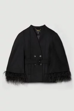 New 🔔 Karen Millen Italian Virgin Wool Feather Hem Cape 🧥 Coat - black 🎉 -Karen Millen Outlet store bkk06687 black xl 3