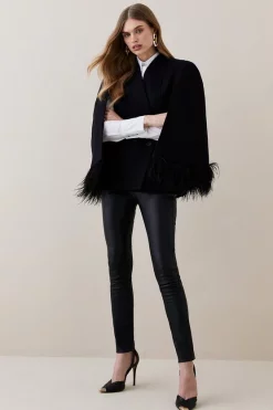 New 🔔 Karen Millen Italian Virgin Wool Feather Hem Cape 🧥 Coat - black 🎉 -Karen Millen Outlet store bkk06687 black xl 4