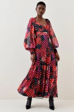 Cheapest ๐ Karen Millen Floral Metallic Beaded Cuff Woven Midi ๐ Dress ๐