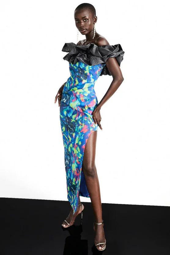 Brand new 🛒 Karen Millen Weston Kaleidoscope Print Bardot Maxi 👗 Dress - blue 😍 3 Brand new 🛒 Karen Millen Weston Kaleidoscope Print Bardot Maxi 👗 Dress - blue 😍