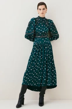 Budget 🎁 Karen Millen Embroidered Cornelli Tape Woven 👗 Dress - bottle green ✔️