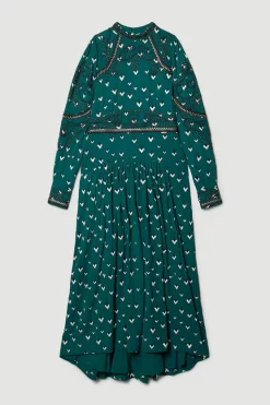 Budget 🎁 Karen Millen Embroidered Cornelli Tape Woven 👗 Dress - bottle green ✔️ -Karen Millen Outlet store bkk07017 bottle20green xl 3