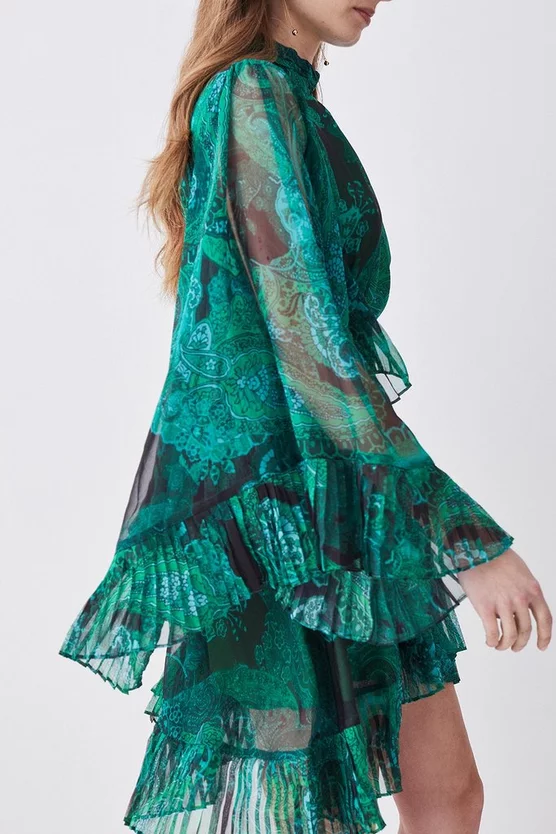 Brand new 🔥 Karen Millen Drama Pleated Crinkle Paisley Woven Mini - green ⭐ 4 Brand new 🔥 Karen Millen Drama Pleated Crinkle Paisley Woven Mini - green ⭐ - Image 2