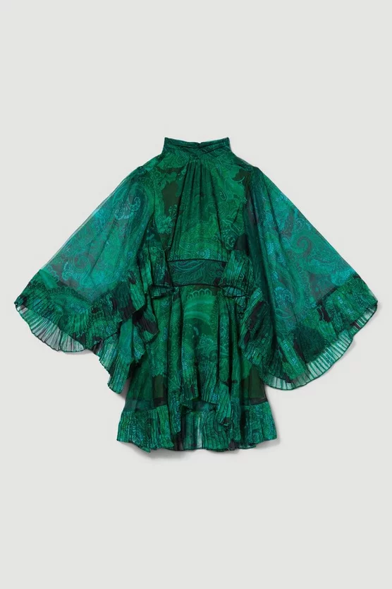 Brand new 🔥 Karen Millen Drama Pleated Crinkle Paisley Woven Mini - green ⭐ 6 Brand new 🔥 Karen Millen Drama Pleated Crinkle Paisley Woven Mini - green ⭐ - Image 4