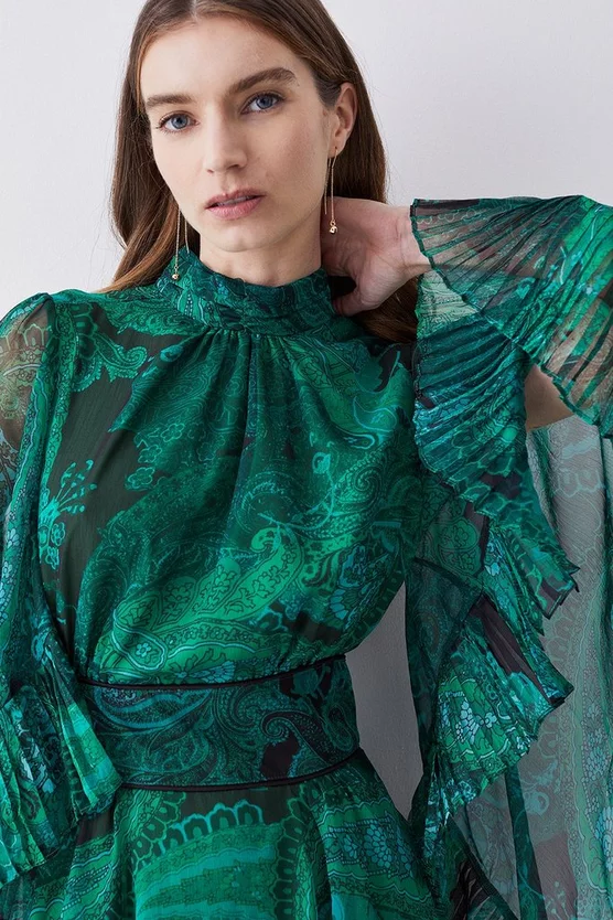 Brand new 🔥 Karen Millen Drama Pleated Crinkle Paisley Woven Mini - green ⭐ 7 Brand new 🔥 Karen Millen Drama Pleated Crinkle Paisley Woven Mini - green ⭐ - Image 5