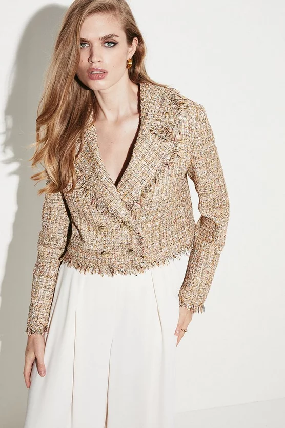 Hot Sale 🤩 Karen Millen Gold Boucle Cropped Frayed Edge Jacket ⭐ 3 Hot Sale 🤩 Karen Millen Gold Boucle Cropped Frayed Edge Jacket ⭐