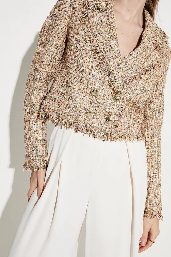 Hot Sale 🤩 Karen Millen Gold Boucle Cropped Frayed Edge Jacket ⭐ 4 Hot Sale 🤩 Karen Millen Gold Boucle Cropped Frayed Edge Jacket ⭐ - Image 2