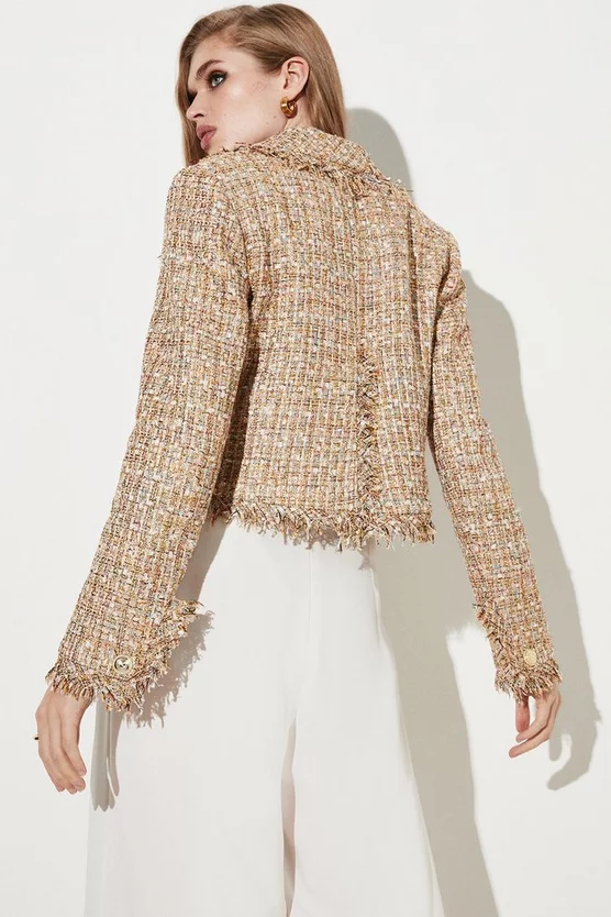 Hot Sale 🤩 Karen Millen Gold Boucle Cropped Frayed Edge Jacket ⭐ 5 Hot Sale 🤩 Karen Millen Gold Boucle Cropped Frayed Edge Jacket ⭐ - Image 3